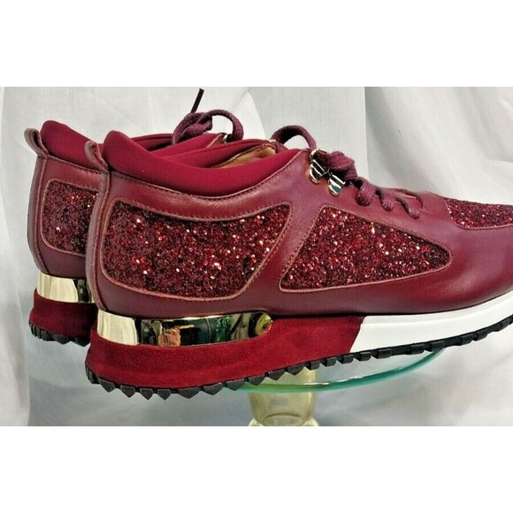 Rare Vinci Sneaker Burgundy Leather Glitter Gold Size 41 Italy - Picture 3 of 16